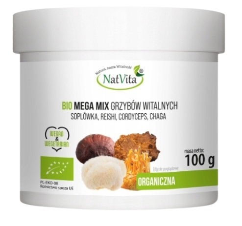 Mega MIX Grzyby Witalne BIO Reishi (Lakownica żółtawa) Cordyceps Chaga Hericium (Soplówka jeżowata) 100 g – NatVita