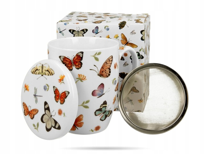 PORCELANOWY KUBEK z ZAPARZACZEM 360 ml Kubek do Kawy Herbaty Prezent Motylki DUO